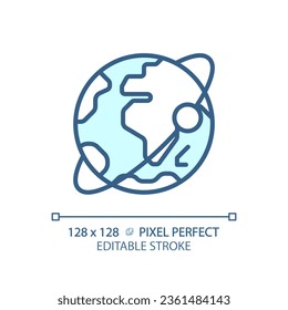 Orbit pixel perfect light blue icon. Satellite tracking. Planetary motion. Earth planet. Solar system. RGB color sign. Simple design. Web symbol. Contour line. Flat illustration. Isolated object