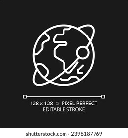 Orbit pixel perfect white linear icon for dark theme. Satellite tracking. Planetary motion. Earth planet. Solar system. Thin line illustration. Isolated symbol for night mode. Editable stroke