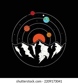 Orbit Planet Space with mountain Adventure  Vintage Illustration for T-shirt, Print and More