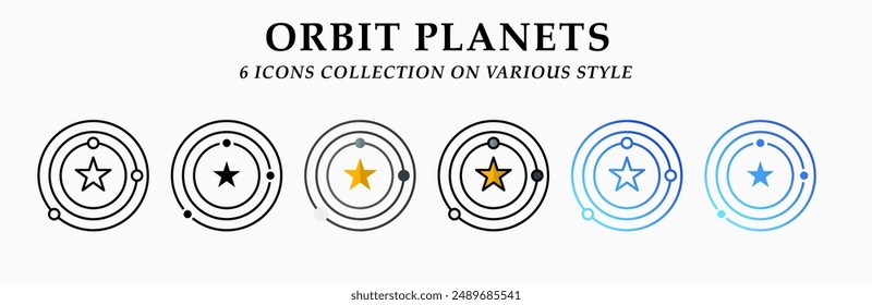 Orbit Planets Icons Kollektion. 6 verschiedene Stile. Lineal, einfarbig Schwarz, flach, lineare Farbe und Farbverlauf. Für Zeichen-, Symbol-, Präsentations-, Infografiken oder Web-Grafiken. Vektorillustration.