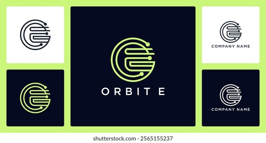 Orbit tech with letters E logo design and icon