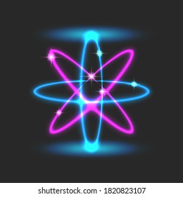 Orbital futuristic scientific atomic structure model, glowing blue pink neon design with sparks and energy lines