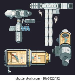 Orbital international space station colored composition it is disassembled into several segments rooms and different transmitters vector illustration