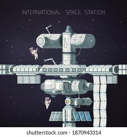 Orbital International Space Station Flat Composition Is In Space And Is Very Large Vector Illustration