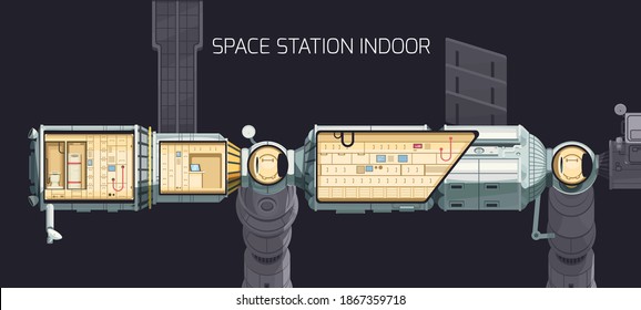 Orbital International Space Station Indoor Composition And You Can Look At The Station Premises From The Inside Vector Illustration