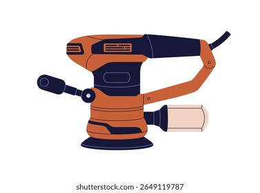 Orbital sander, electric power tool. Carpentry device for sanding, polishing, finishing and smoothing surfaces. Professional repair equipment. Flat vector illustration isolated on white background