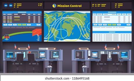 Orbital Space Flight Mission Control Center Room Interior With Satellite Tracking Display Screen, Flight Data Panel & Empty Scientist Workplace Seat With Desks & Computers. Flat Vector Illustration