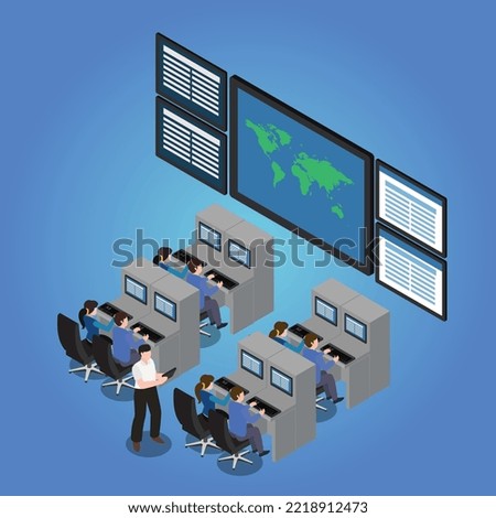 Orbital space flight mission control center room isometric 3d vector illustration concept for banner, website, illustration, landing page, flyer, etc.