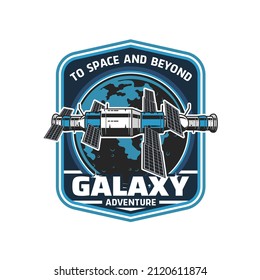 Orbital Space Station Icon. Galaxy Exploration And Research, Telecommunication Technology Vector Emblem Or Badge With Artificial Satellite Or International Space Station Module On Earth Planet Orbit