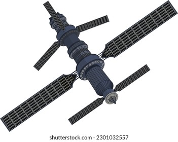 Orbitale Raumstation auf isoliertem weißem Hintergrund. Satellit zur Verfolgung und Übermittlung von Informationen. Auf Solarbatterien.
