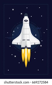 Orbital spacecraft in outer space with engines at full throttle. Creative vector illustration on space shuttle flying into space