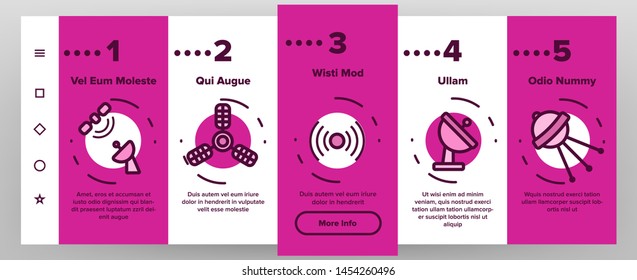 Orbital Sputnik Linear Vector Onboarding Mobile App Page Screen. Sputnik Thin Line Contour Symbols. Cosmos Exploration, Astronautics. Satellite Dish, Space Shuttle, Radar Tower Illustrations
