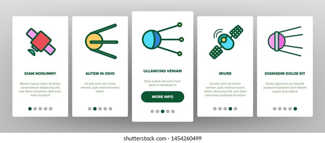 Orbital Sputnik Linear Vector Onboarding Mobile App Page Screen. Sputnik Thin Line Contour Symbols. Cosmos Exploration, Astronautics. Satellite Dish, Space Shuttle, Radar Tower Illustrations