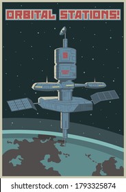 Orbital Station Retro Future Space Propaganda Posters, Space Station, Earth