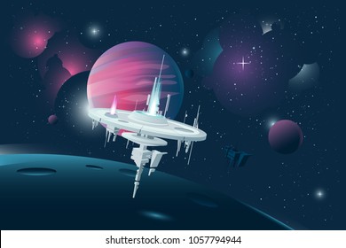 Orbital stations orbiting moon with gas giant planet behind on dark space background. Other planets and distant stars and nebulas in the background.