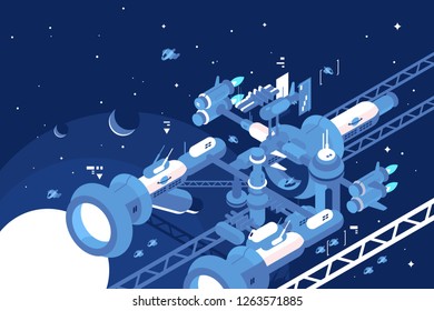Orbital stations orbiting moon with gas giant planet vector illustration. Other planets and distant stars and nebulas on the background flat style concept