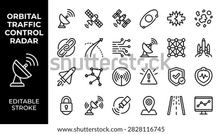 Orbital Traffic Control Radar line icons set featuring satellite communication, space debris, rocket launch, and navigation symbols for aerospace technology and safety