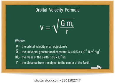 Orbital Velocity Formula on a green chalkboard. Education. Science. Formula. Vector illustration.