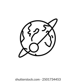 Orbiting Earth icon. A minimalist vector illustration of the Earth with a ring around it, depicting an orbiting concept. Ideal for web design, mobile apps, educational materials. Vector illustration