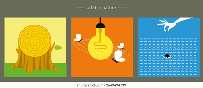 órbitas na natureza anéis em uma árvore, círculos na água, mosquitos em torno de uma lâmpada