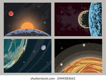 Orbits of the Planets Vector Illustration Set. Deep Space Backgrounds, Planets, Moons, Asteroids, Stars 