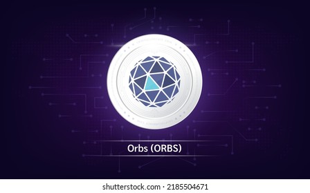 Símbolo criptodivisa de la moneda de Orbs. Icono de moneda en fondo oscuro. Tecnología para las finanzas en la cadena internacional de bloqueo de acciones. Ilustración vectorial.