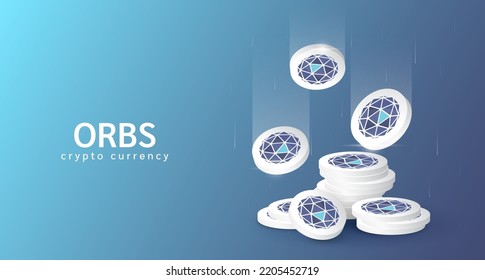 Orbs Coin fällt oder fliegt mit einem Stapel Münzen. Kryptowährungsbanner. Kryptowährung auf blauem Hintergrund. Vektorgrafik 3D. 