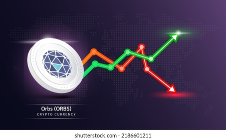Orbs Coin weiß. Symbol für Kryptowährung mit Börseninvestitionshandel Graphen grün und rot. Geschäftskonzept Wirtschaftstrends 3D-Vektorgrafik.