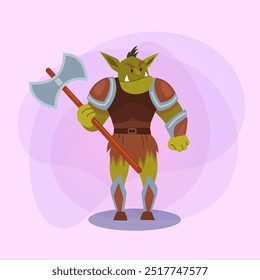 Ork-Zeichentrickfigur mit Waffenvektorgrafik. Kriegerpersönlichkeit, Spielheld, märchenhafte Kreatur. Fantasy, Märchenkonzept. Ideen für das Design von Computerspielen
