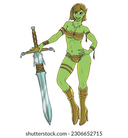 Orc girl. Vector illustration of a young woman warrior. The hero of the computer game. Green armed monster with a sword