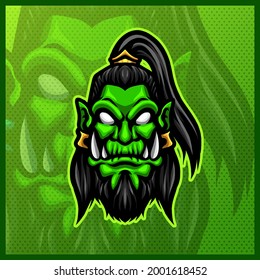 Orc Gladiator Warrior Head mascot esport logo design illustrations vector template, Orc Knight with axe logo for team game streamer. full color cartoon style