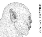 A Orc head with a large ear. The head is drawn in black and white. Side view