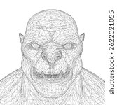 A Orc with a large head and a menacing look on his face. The image is black and white and he is a cartoonish rendering of a character. Scene is dark and foreboding