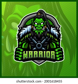 Orc Viking Gladiator Warrior mascot esport logo design illustrations vector template, Orc Knight with axe logo for team game streamer. full color cartoon style