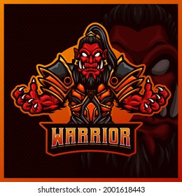 Orc Viking Warrior Samurai mascot esport logo design illustrations vector template, Orc Knight with axe logo for team game streamer. full color cartoon style