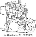 Orc warrior sitting and thinking with his weapon in his hand and his shield at his side. Black and White Orc Character sketch Vector Art in transparent background.