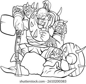 Orc warrior sitting and thinking with his weapon in his hand and his shield at his side. Black and White Orc Character sketch Vector Art in transparent background.