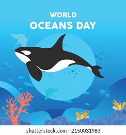 Orca with beautiful coral reefs. World Ocean Day. Colored vector illustration.