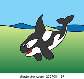 Orca. Una cordial ballena asesina sumergida en el fondo. Caricatura.