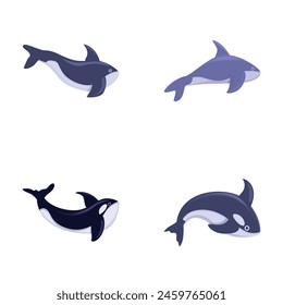 Orca icons set cartoon vector. Little cartoon cute killer whale. Whale orca, sea predator