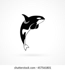 emblema del logo de la seña de ballena asesina lanzada en fondo blanco ilustrado vectorial