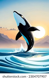 Orca jumping out of the water. Jumping killer whale. killer whale vector illustration.