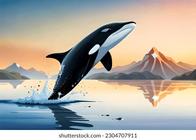 Orca saltando del agua. Saltando ballena asesina. ilustración de vector de ballena asesina.