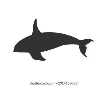 Orca or killer whale black silhouette icon, flat vector illustration isolated on white background. Marine mammal drawing. Animal of sea or ocean. Element for kids education and games.