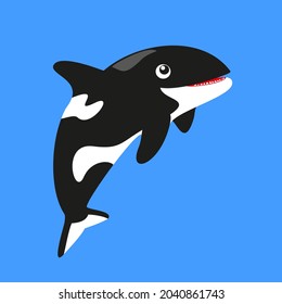 Orca. Killer whale cartoon vector illustration isolated on blue background.
