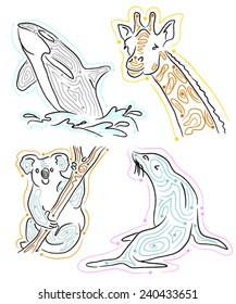 orca killer whale, giraffe, koala, seal vector illustrations