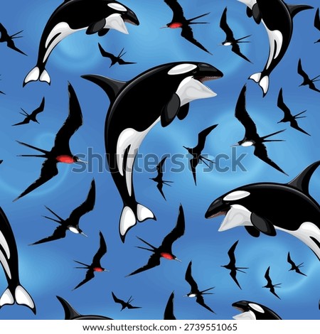 Orca Killer Whale Jumping and Frigate Birds Flight Vector Seamless Textile Repeat Pattern

