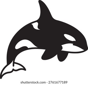 Orca killer whale leaping, powerful mammal, ocean creature, marine life, black and white illustration, aquatic.