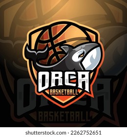 Orca killer whale mascot basketball team logo design vector with modern illustration concept style for badge, emblem and tshirt printing. logo for sport, gamer, streamer, league and esport team.