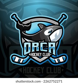 Orca killer whale mascot hockey team logo design vector with modern illustration concept style for badge, emblem and tshirt printing. modern Orca whale shield logo illustration for sport, league